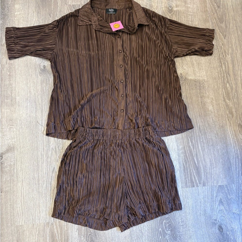 Dressed in Lala Brown Plissa Button-Up Shirt and Shorts Set